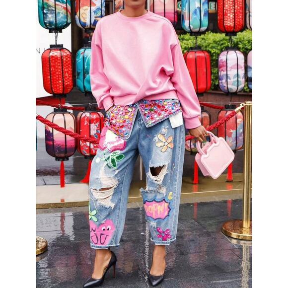 High Waist Wide Leg Rhinestone Flower Horseshoe Ripped Loose Cropped Jeans - Picture 3 of 3